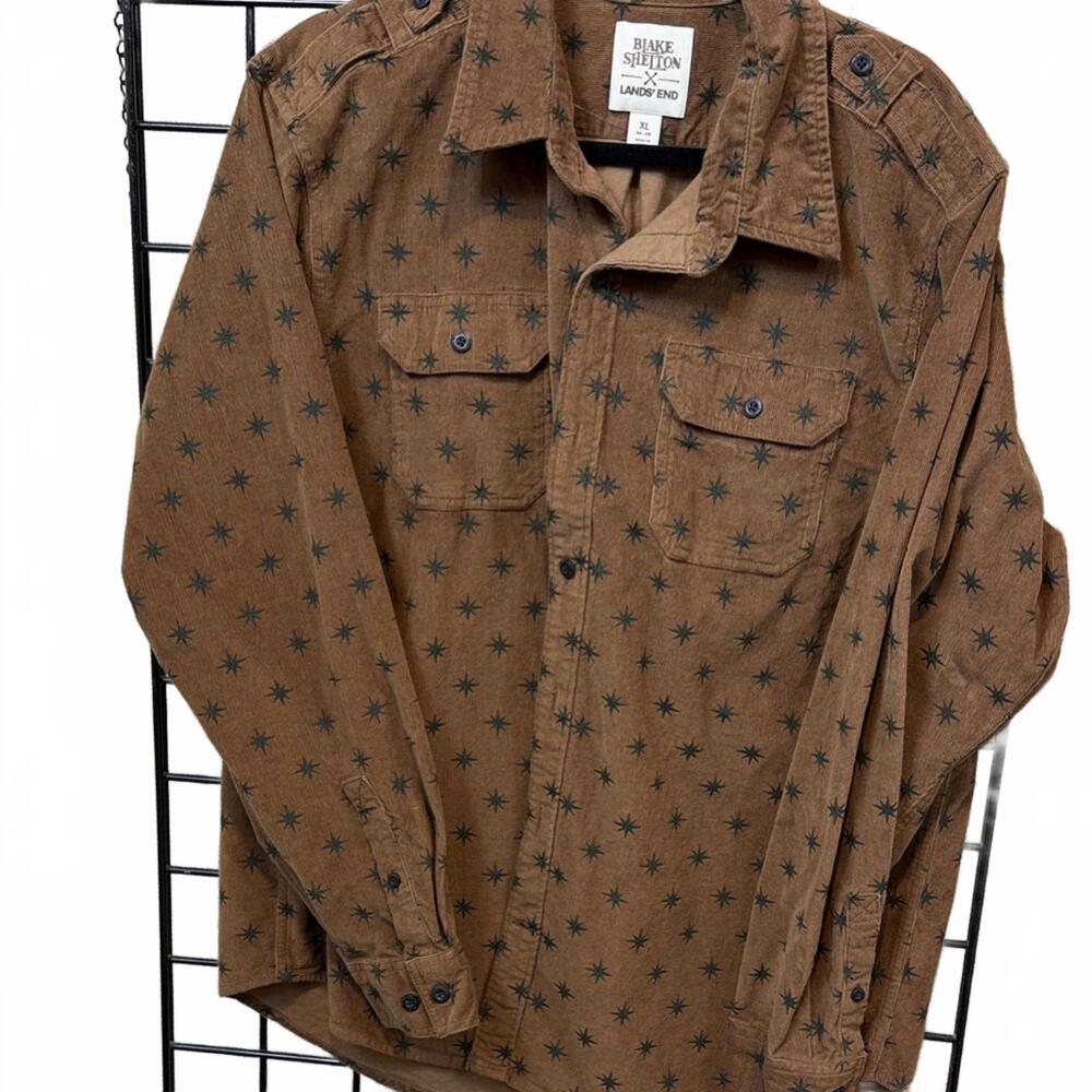 Brown Star Patterned Corduroy Button-Up Shirt
